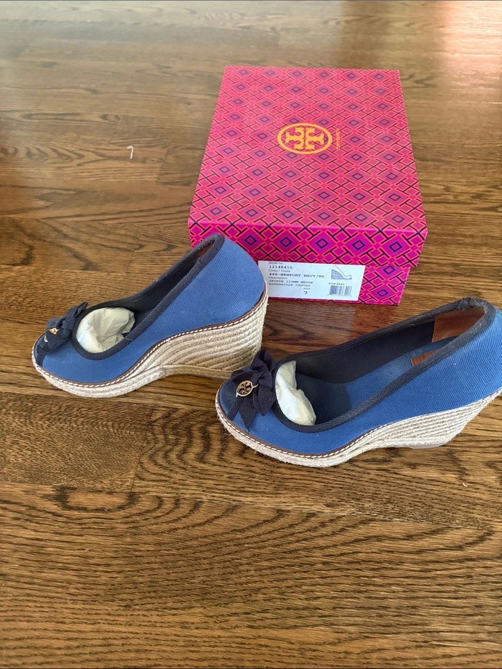 Tory Burch Navy Canvas Espadrille Wedge with Bow and Gold Logo